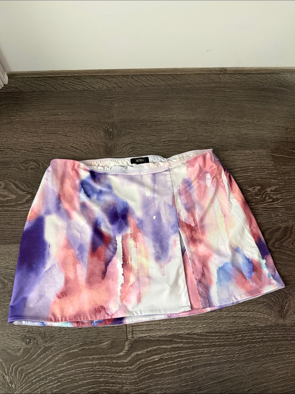 AFRM Watercolor Tie-Dye Mini Skirt in Pink, Purple & Blue